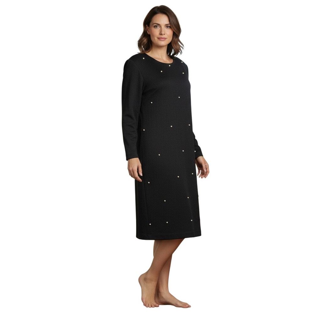 Vintage Leslie Fay Black Sweater Midi Dress 18 Pearl Embellished Wedding Guest